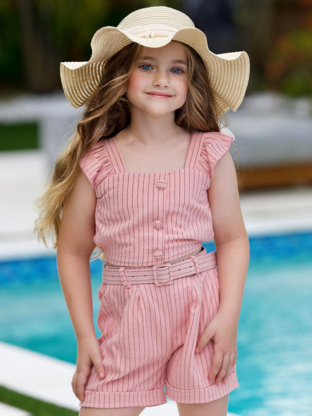 Chic Striped Flutter Sleeve Top & Belted Shorts Set