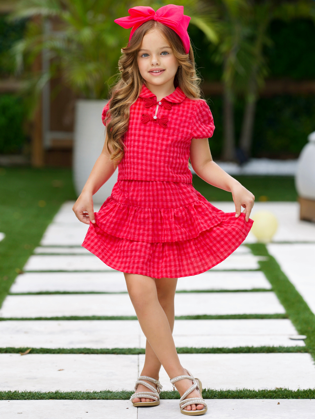 Plaid Puff Sleeve Top & Ruffle Skirt Set
