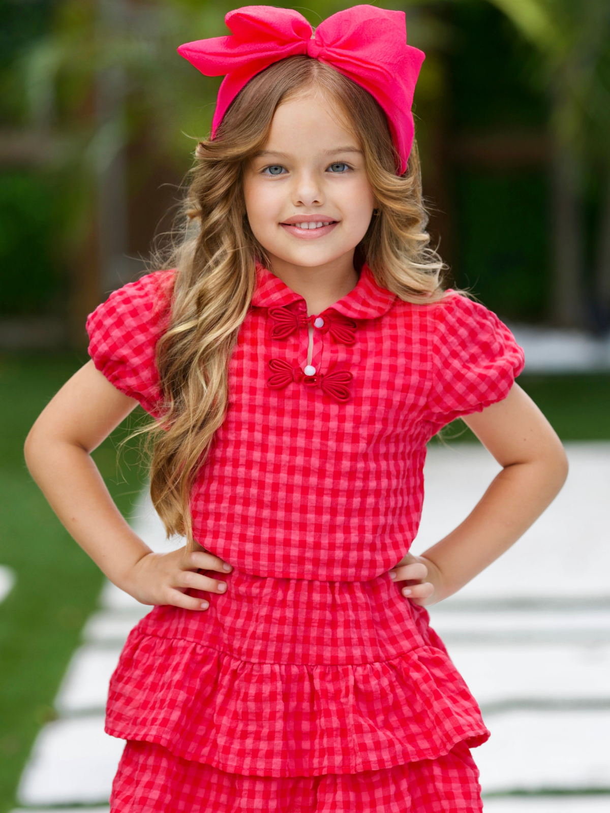 Plaid Puff Sleeve Top & Ruffle Skirt Set