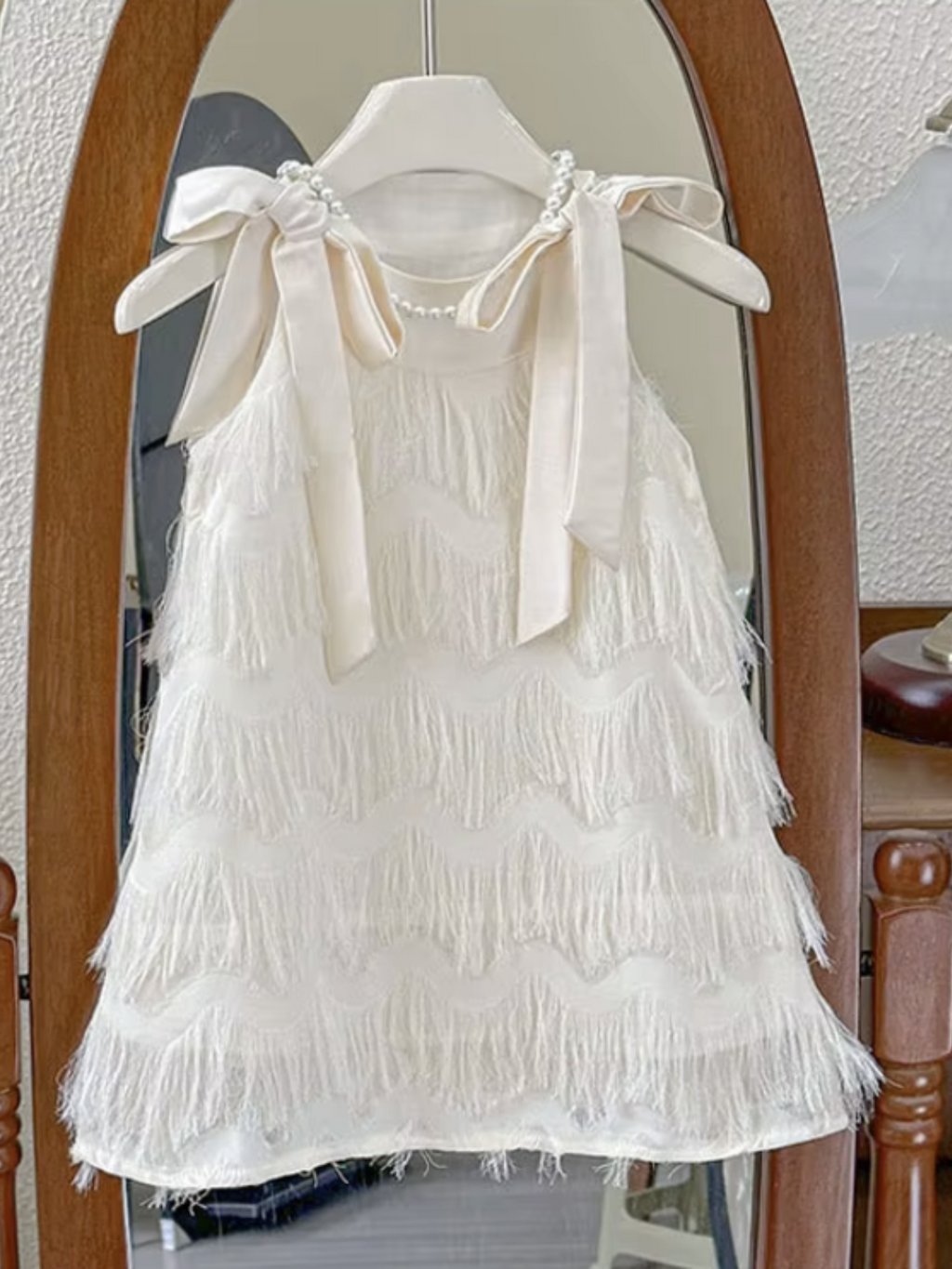 Fringe Pearl Tie Shoulder Dress