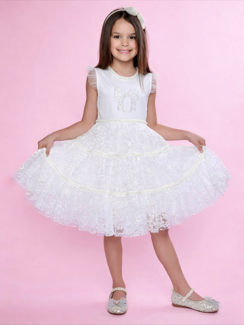 Sweet Lace Pearl & Bow Tiered Dress