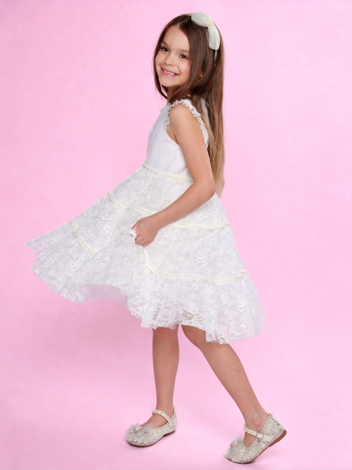 Sweet Lace Pearl & Bow Tiered Dress