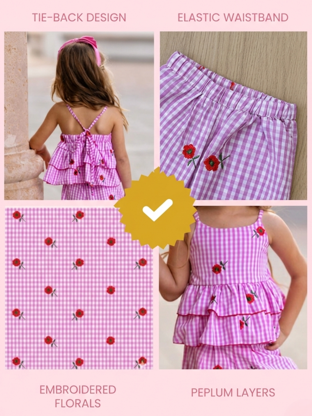 Sweet Bloom Gingham Embroidered Peplum Top and Pants Set