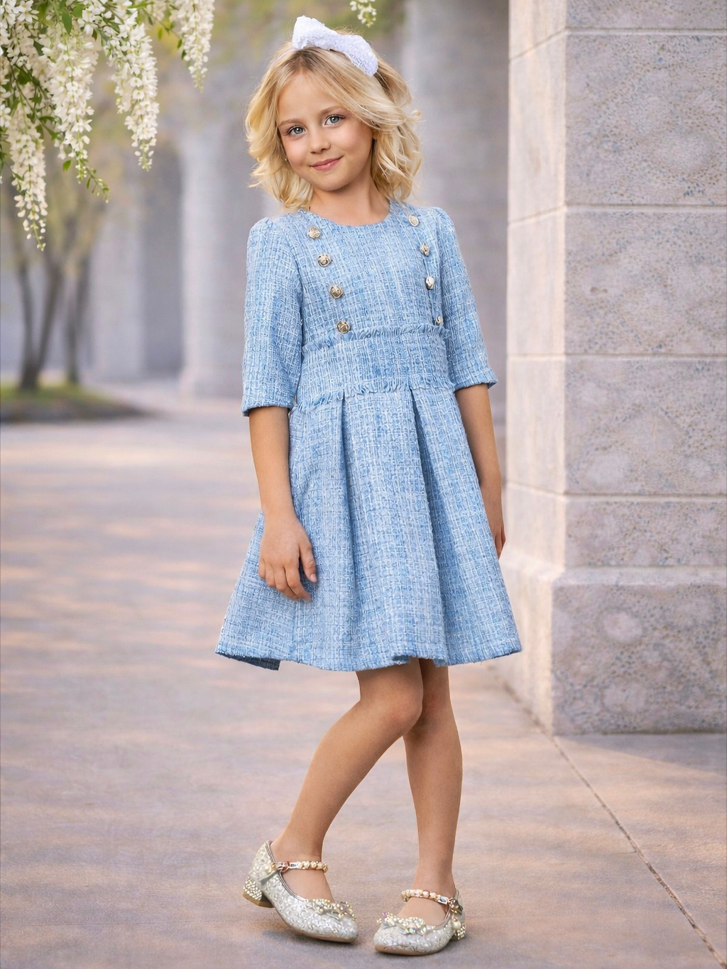Bluebell Pearl Button Tweed Party Dress