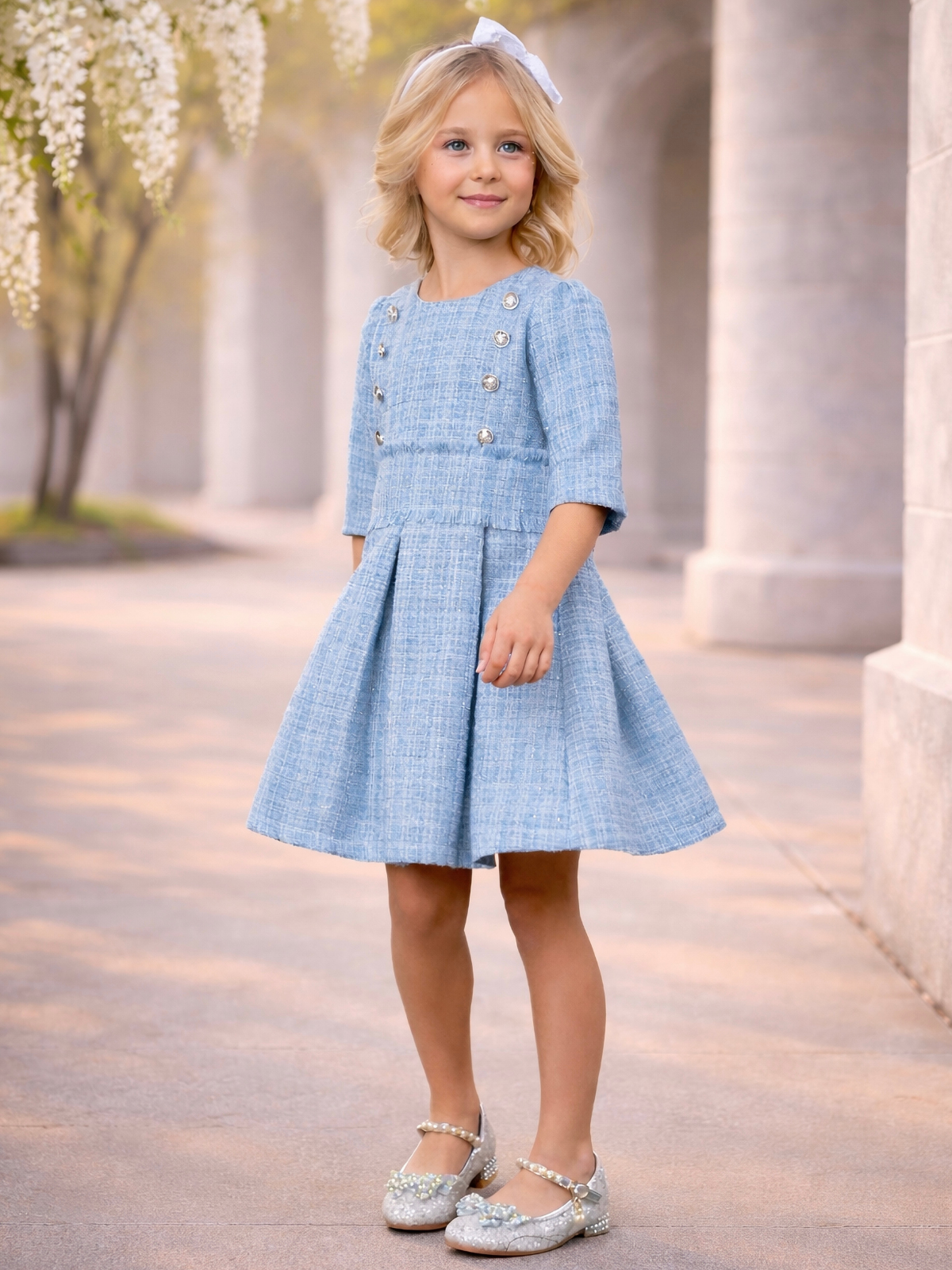 Bluebell Pearl Button Tweed Party Dress