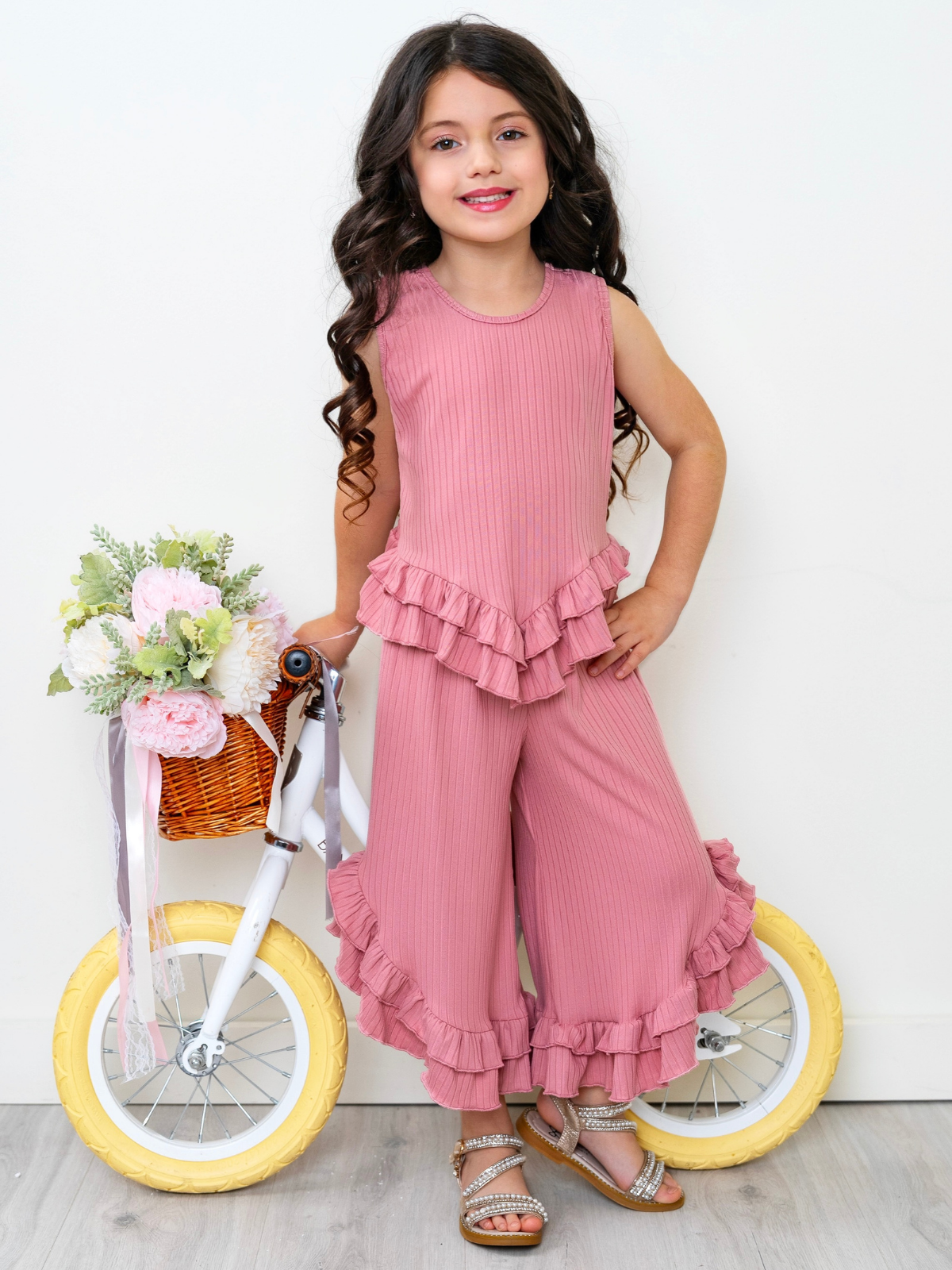 Rosewood Ribbed Ruffle Tank and Pants Set