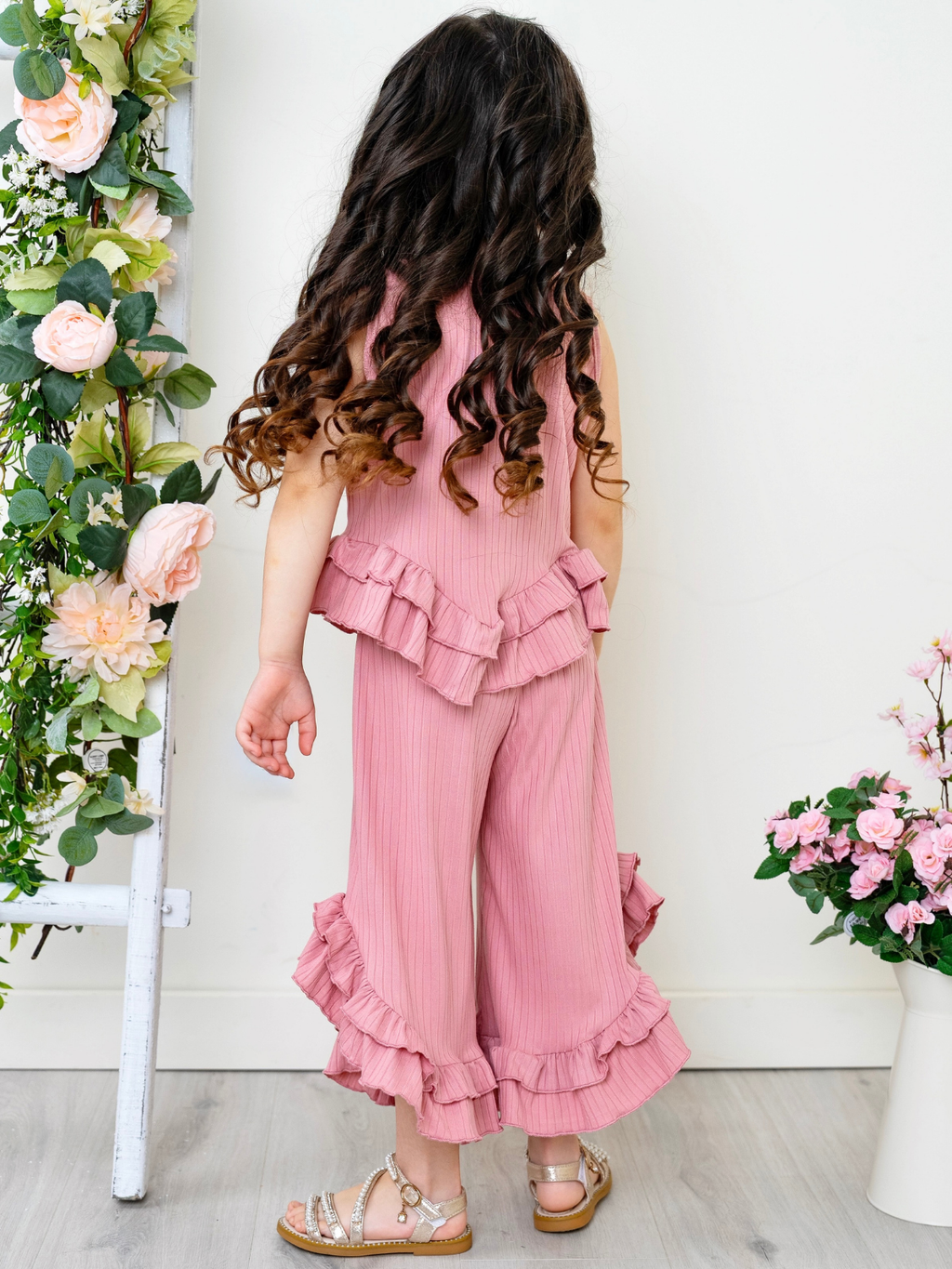 Rosewood Ribbed Ruffle Tank and Pants Set