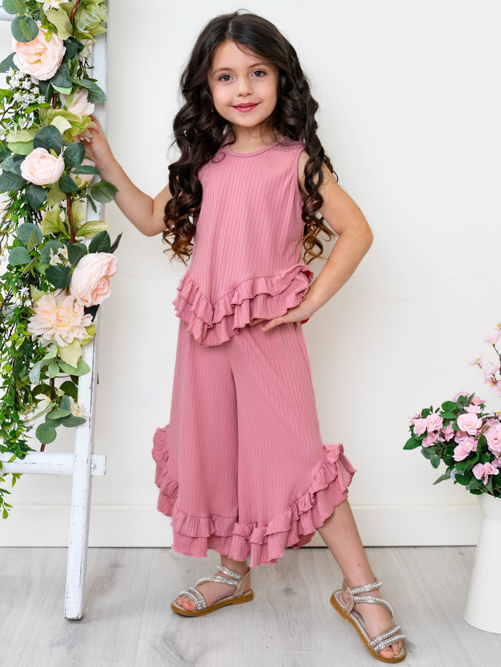 Rosewood Ribbed Ruffle Tank and Pants Set