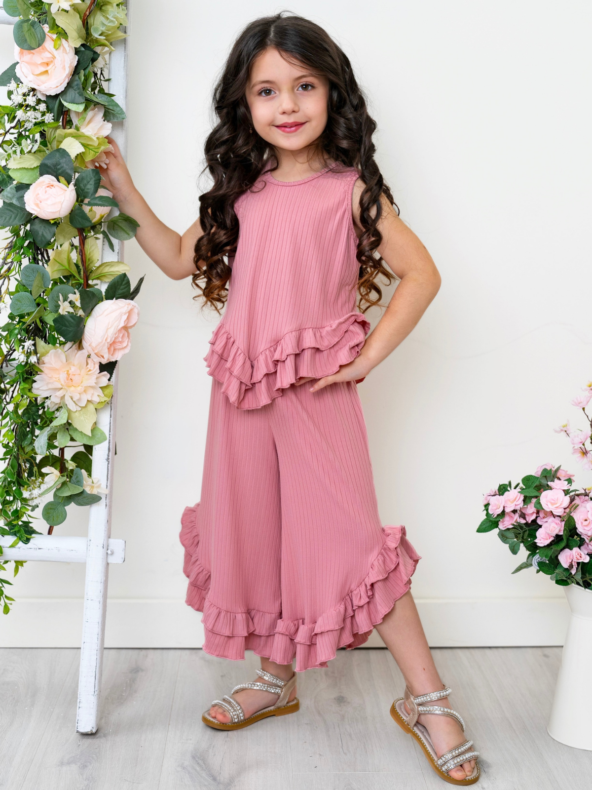 Rosewood Ribbed Ruffle Tank and Pants Set