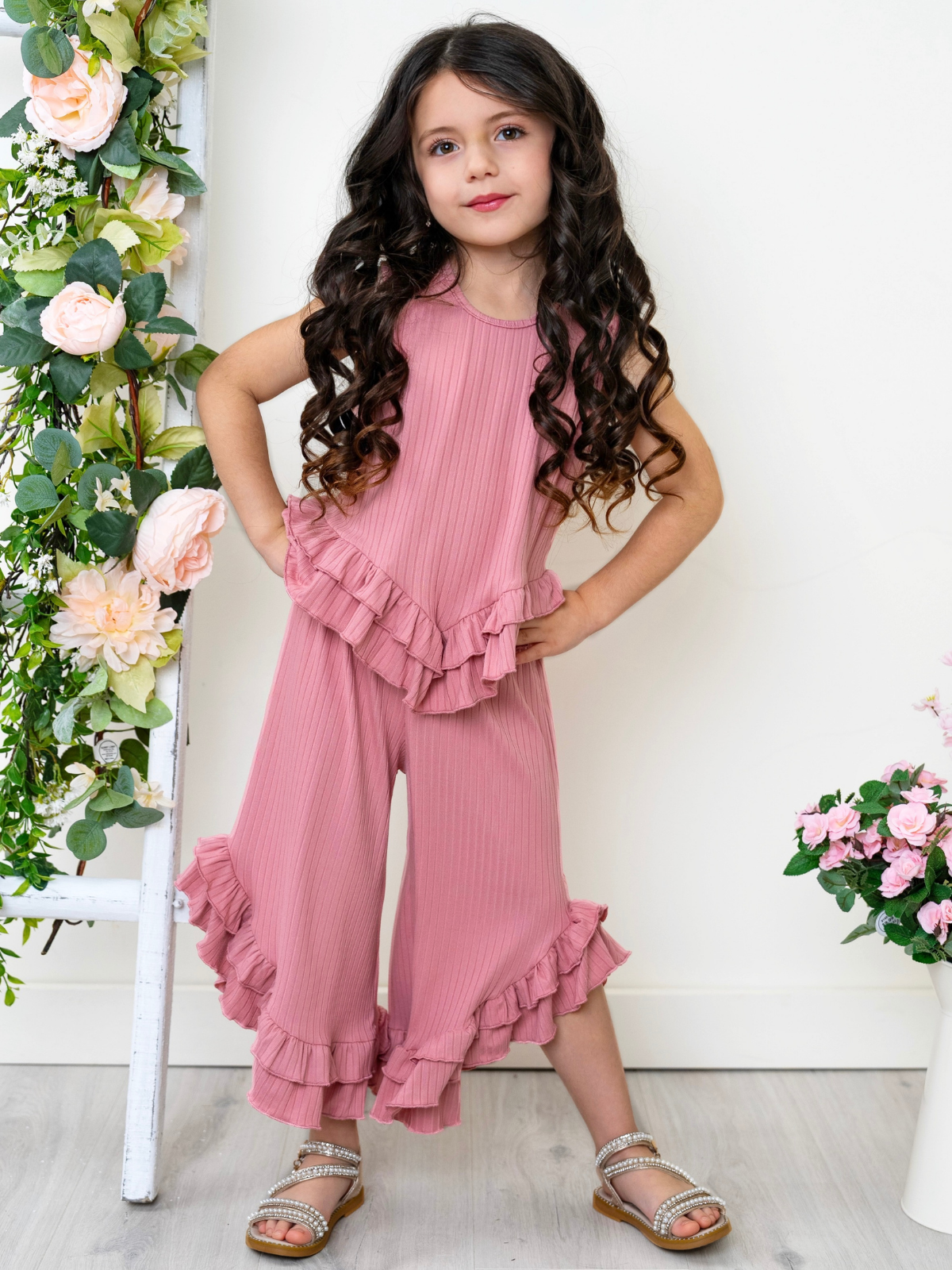 Rosewood Ribbed Ruffle Tank and Pants Set