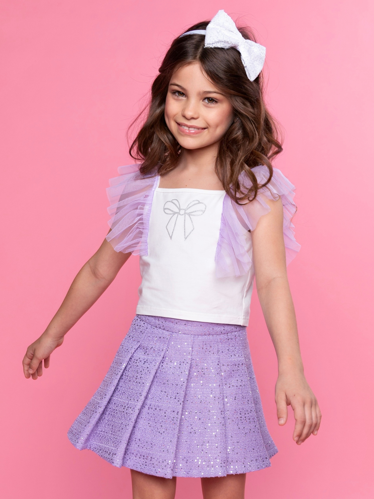 Sweet Bow Flutter Sleeve Top and Tweed Skirt Set