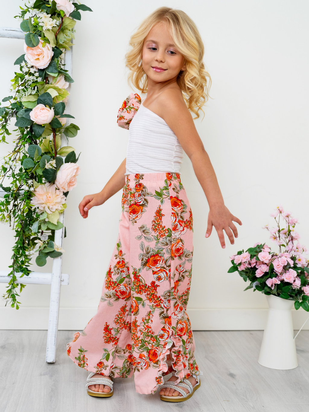 Blossom Garden One-Shoulder Top and Palazzo Pants Set