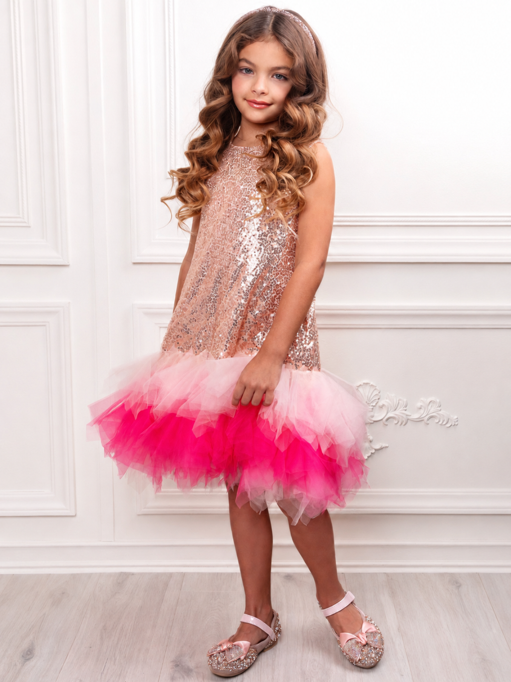 Rose Gold Sequin Tulle Party Dress