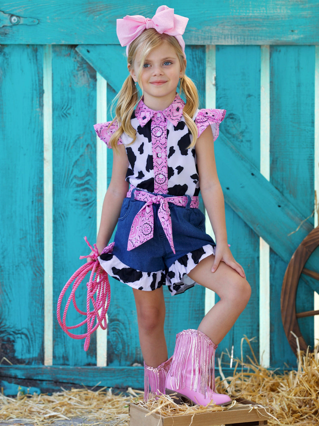 Rodeo Star Cow Print Denim Short Set