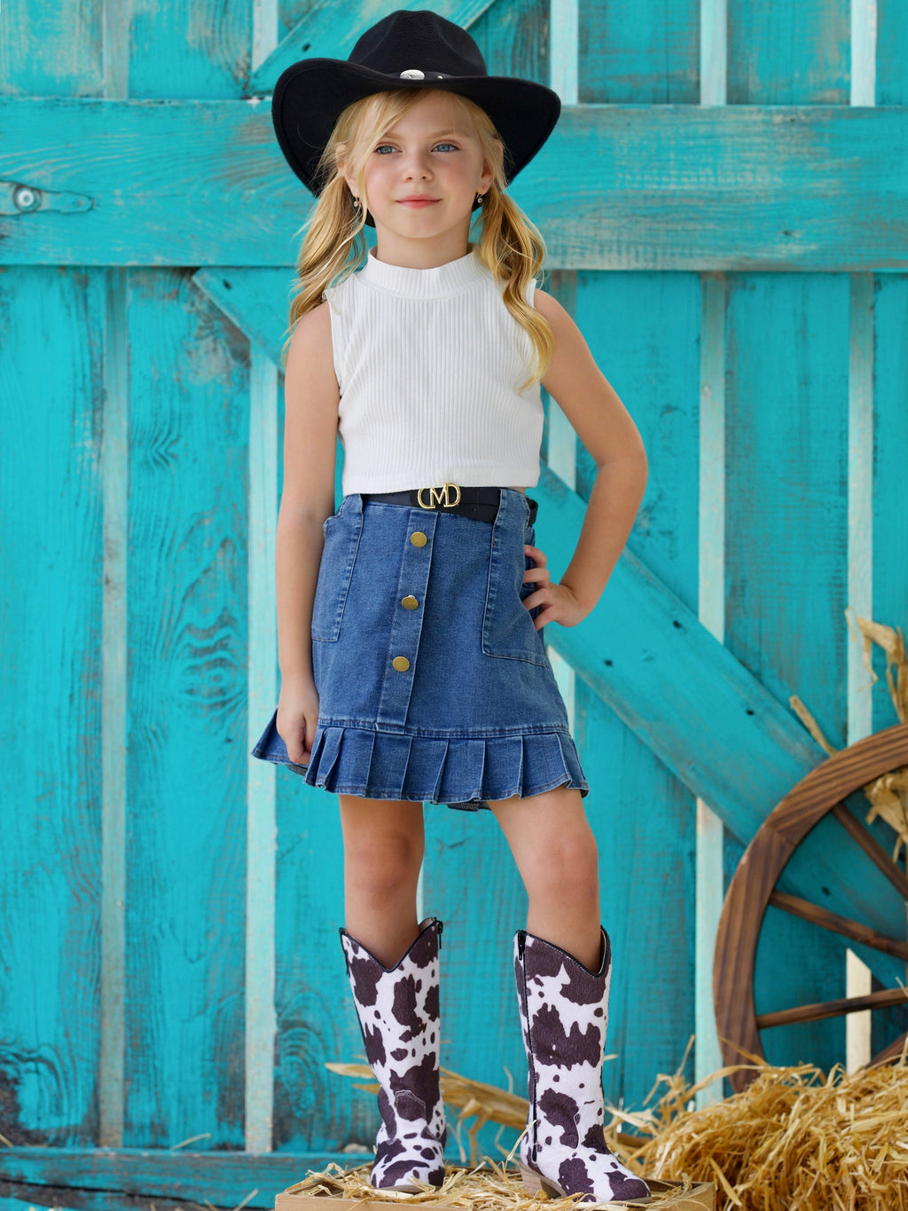 Classic Tank and Pleated Denim Skirt Set