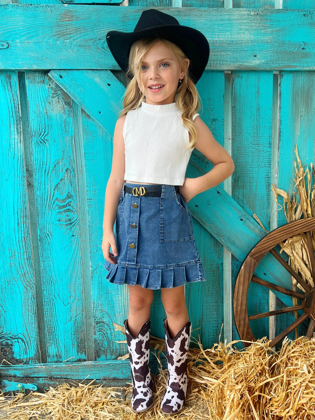 Classic Tank and Pleated Denim Skirt Set