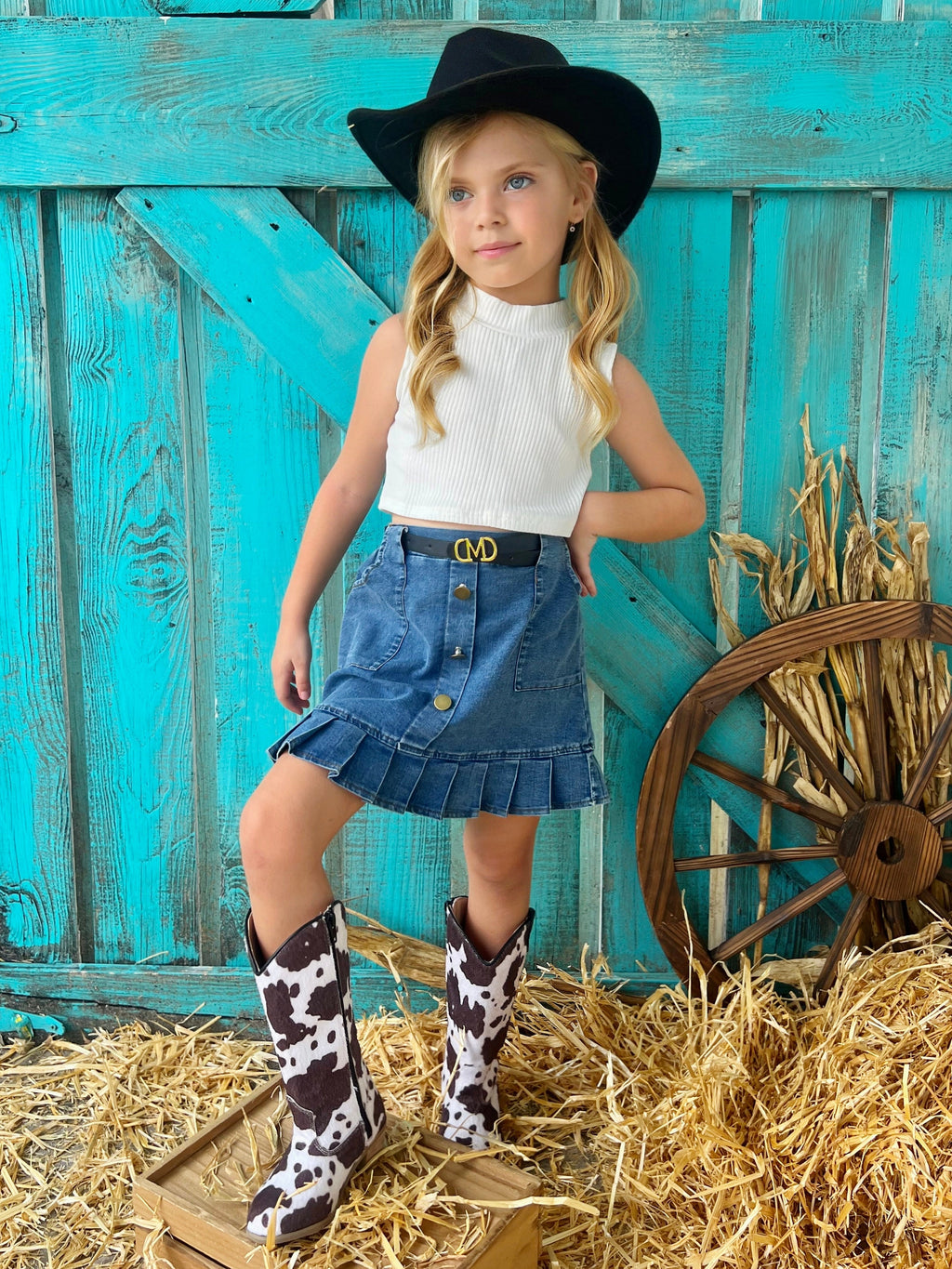 Classic Tank and Pleated Denim Skirt Set