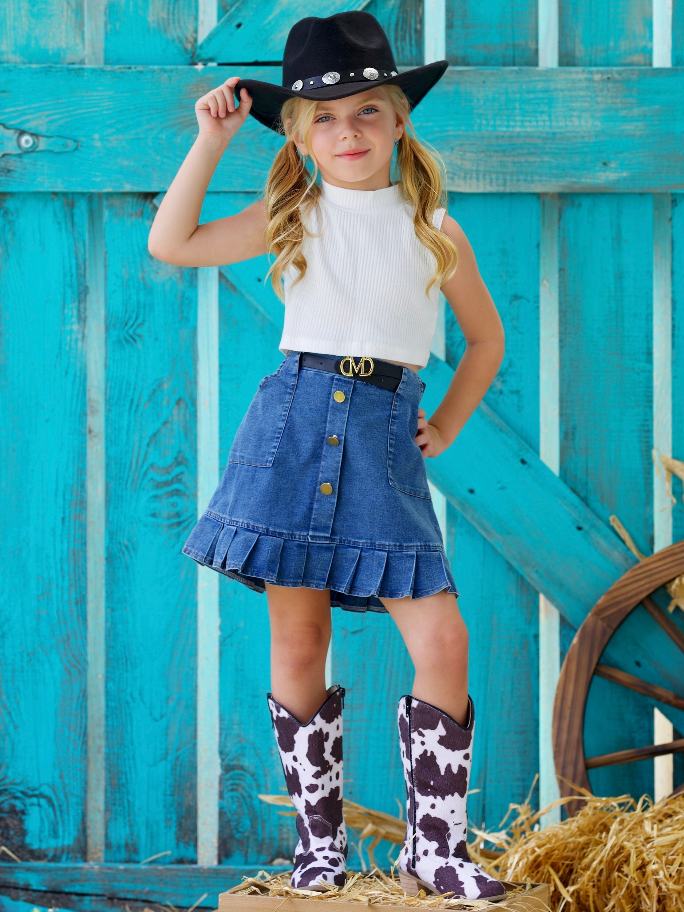 Classic Tank and Pleated Denim Skirt Set