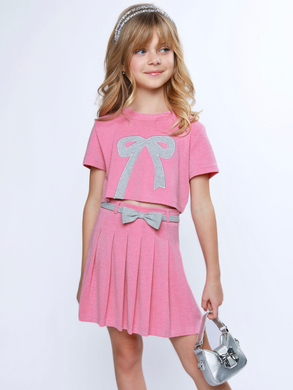 Pink Casual Bow Top and Pleated Skirt Set