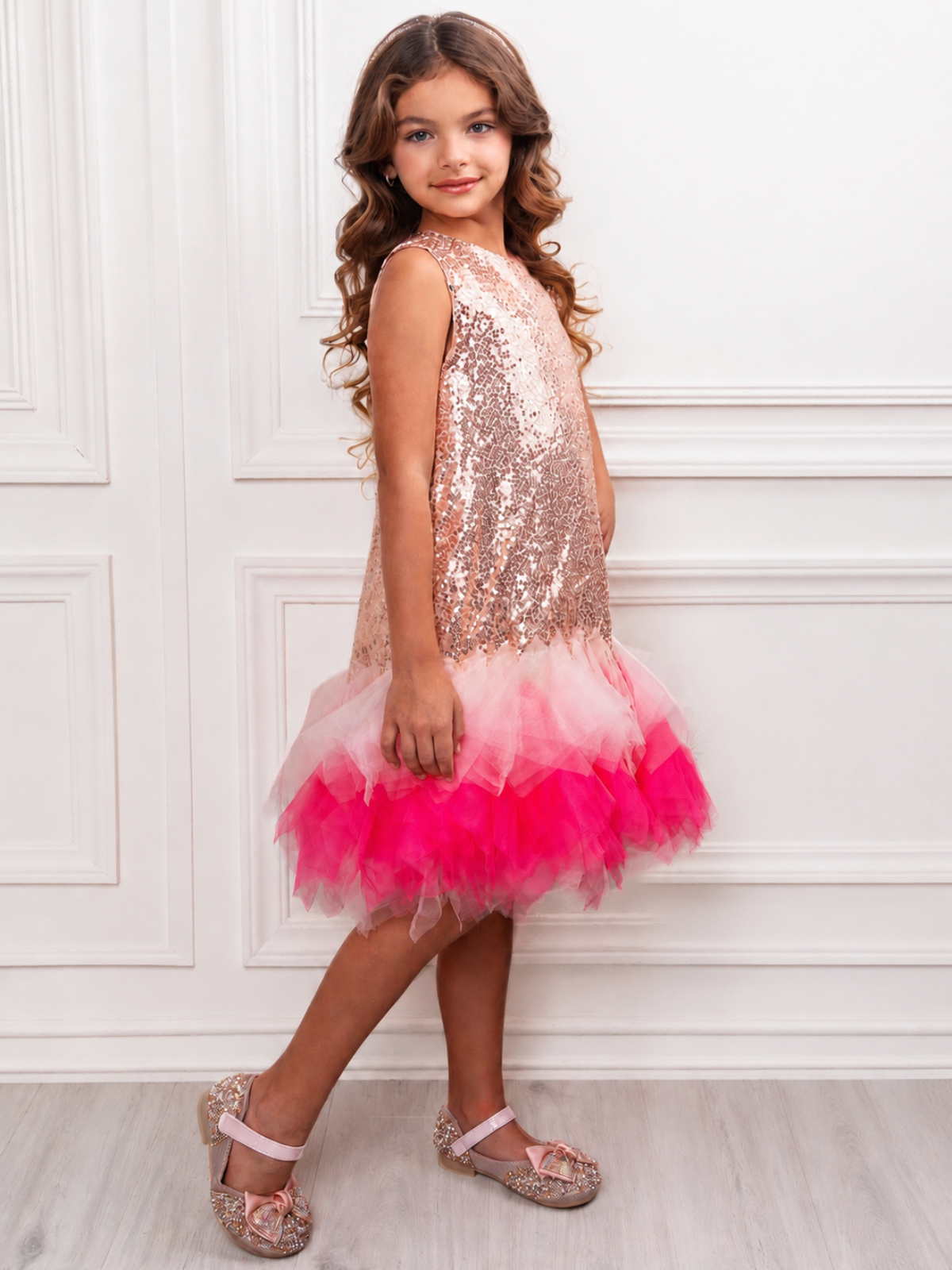 Rose Gold Sequin Tulle Party Dress