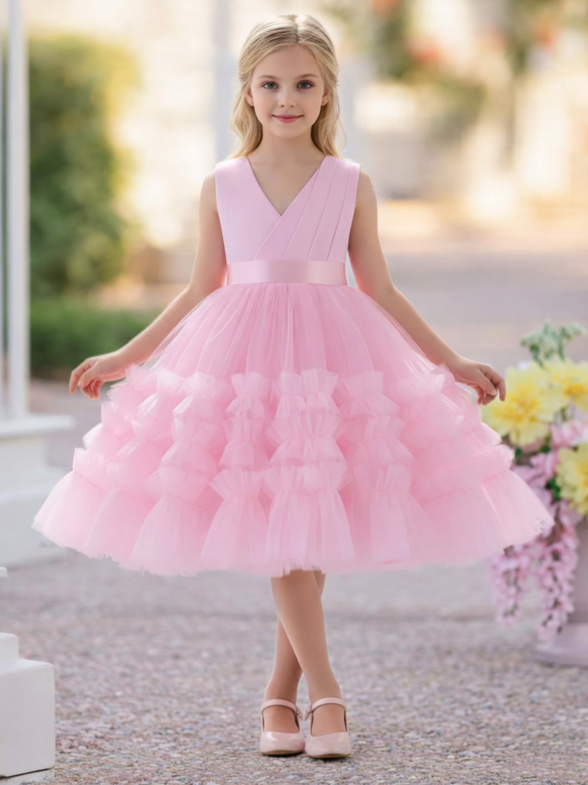 Blushing In Glam Pink Ruffle Tulle Gown