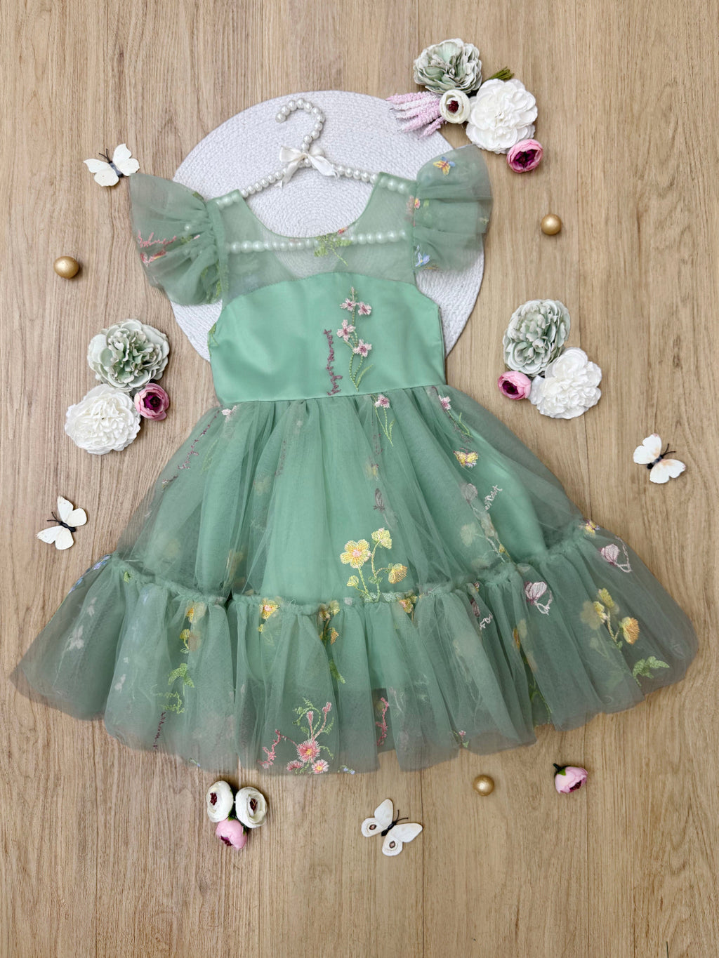 Emerald Fairy Garden Embroidered Floral Tutu Dress