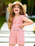 Chic Striped Flutter Sleeve Top & Belted Shorts Set