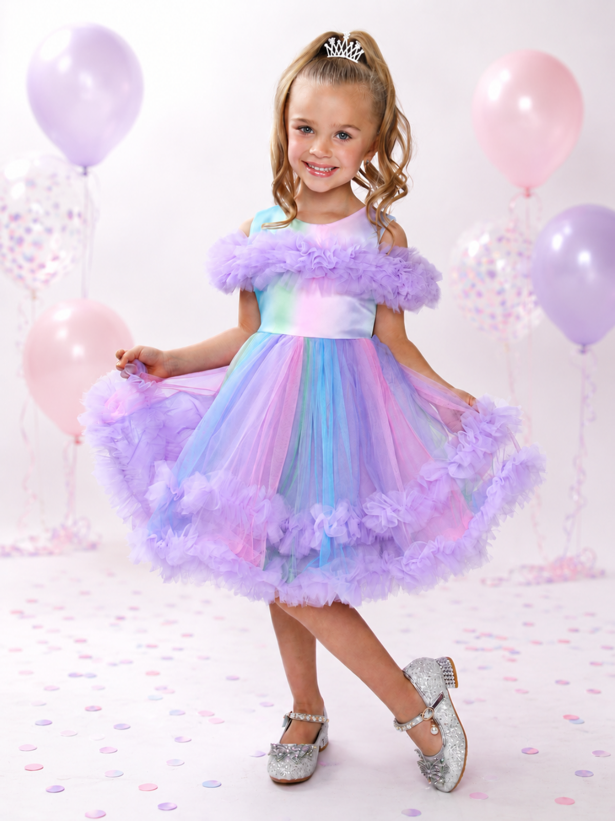 Princess Twirl Rainbow Tulle Ruffle Dress