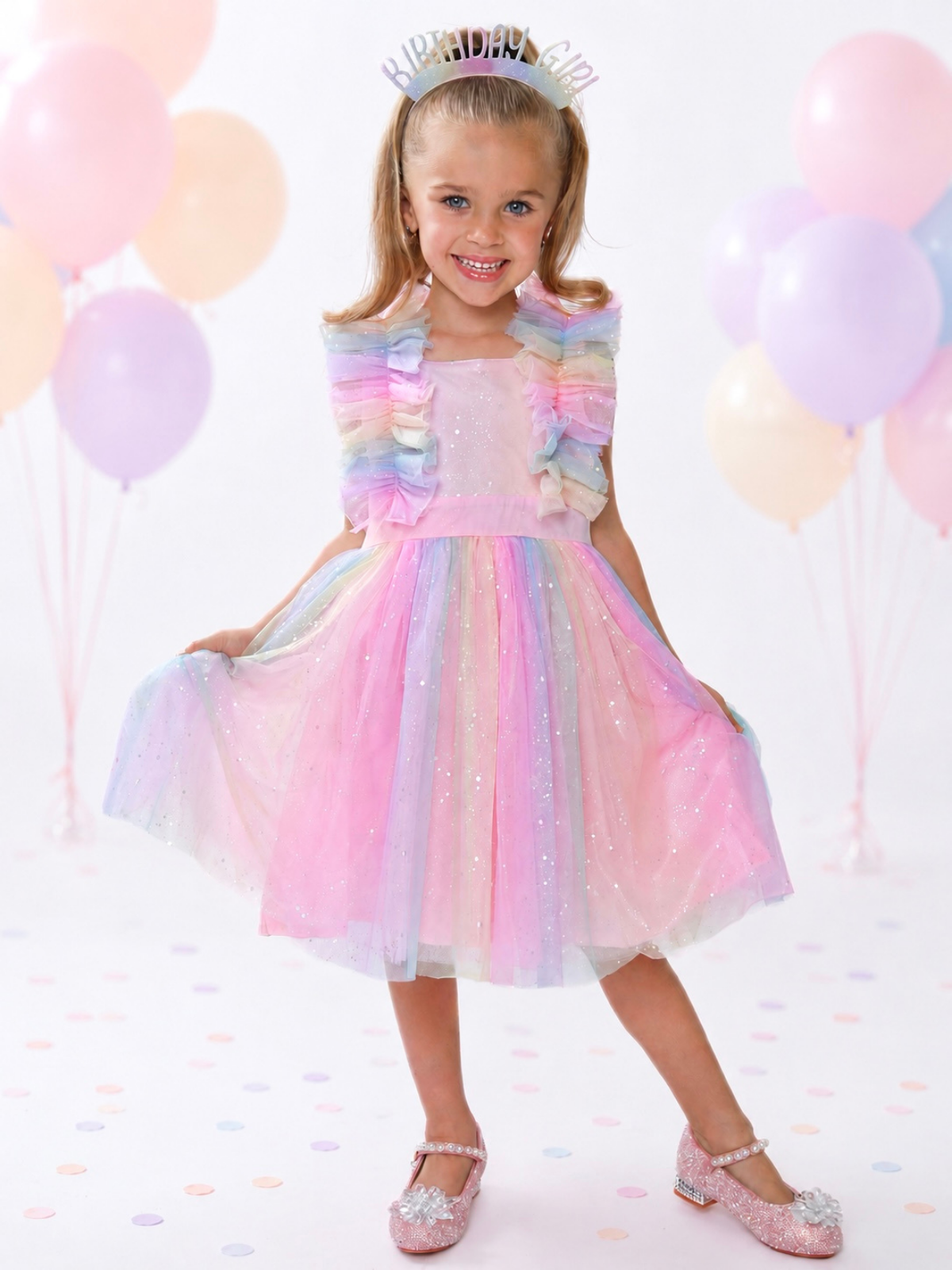 Birthday Magic Rainbow Ruffle Tulle Dress