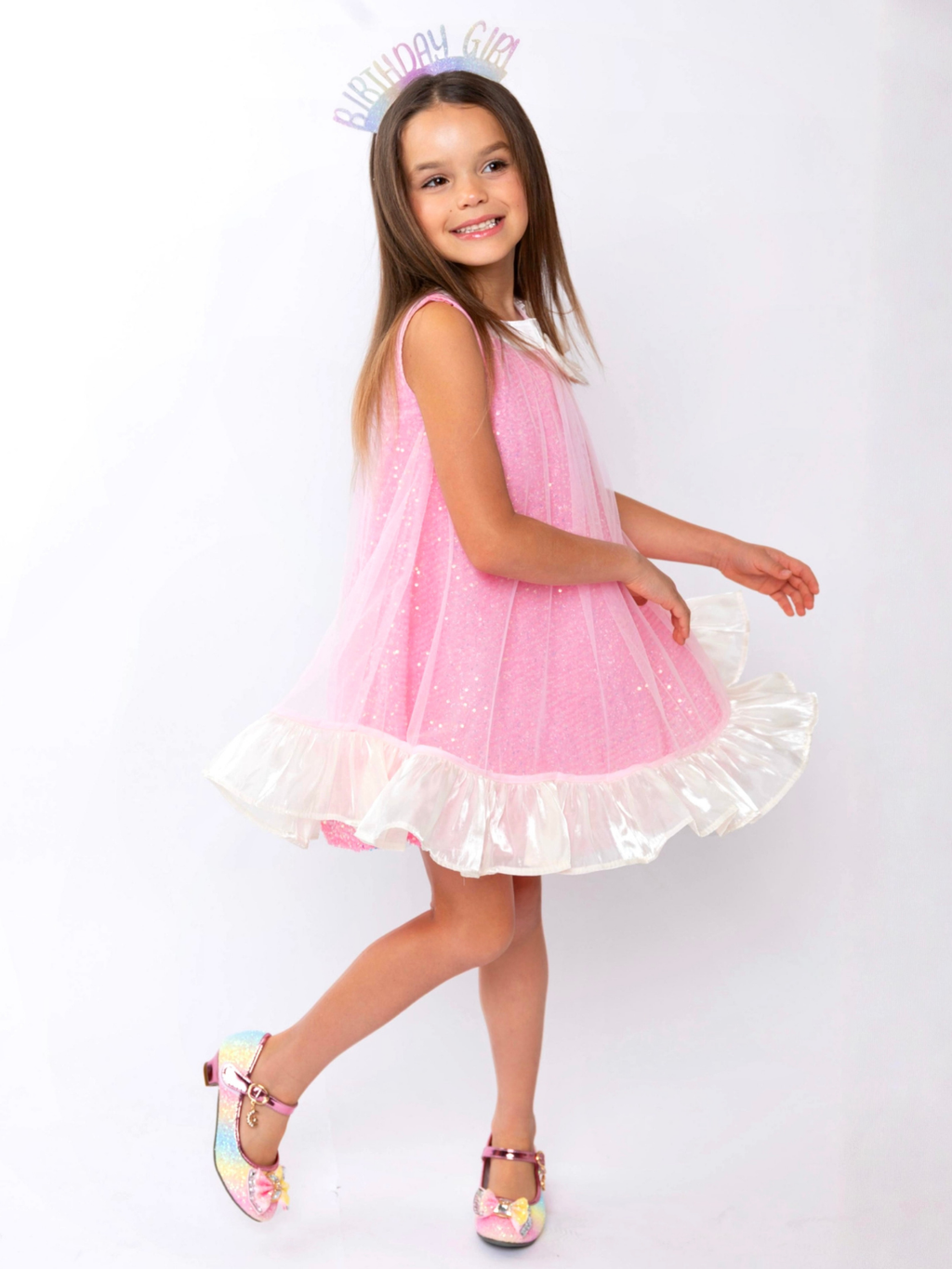Glittery Pink Bow Sequin Ruffle Dress