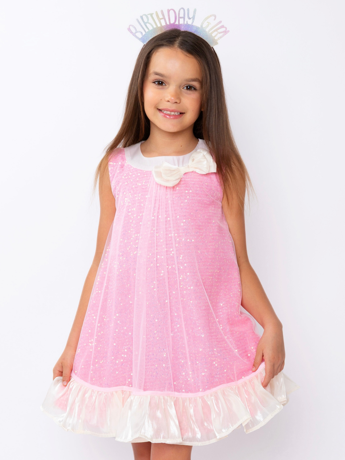 Glittery Pink Bow Sequin Ruffle Dress