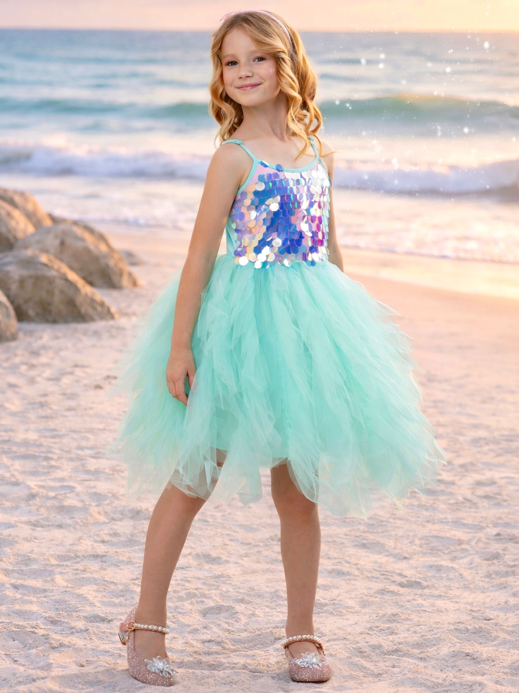 Iridescent Aqua Mermaid Sequin Party Dress