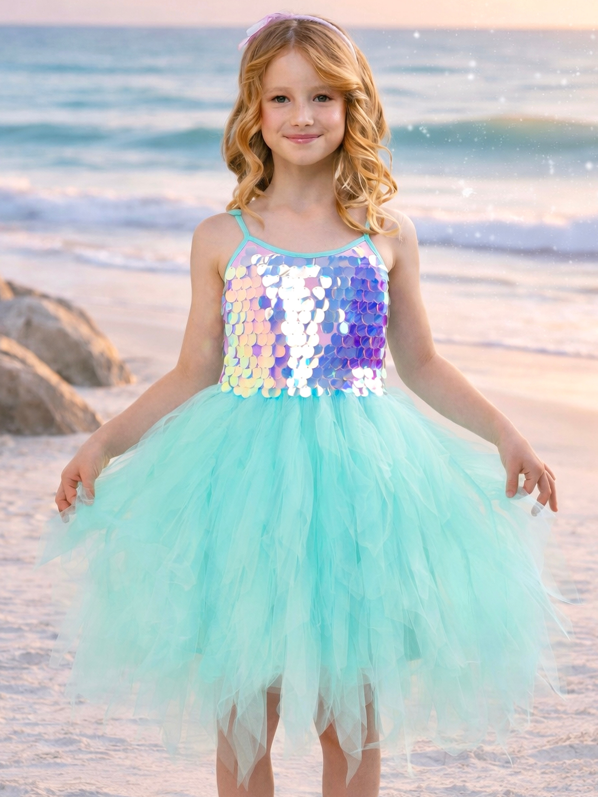 Iridescent Aqua Mermaid Sequin Party Dress