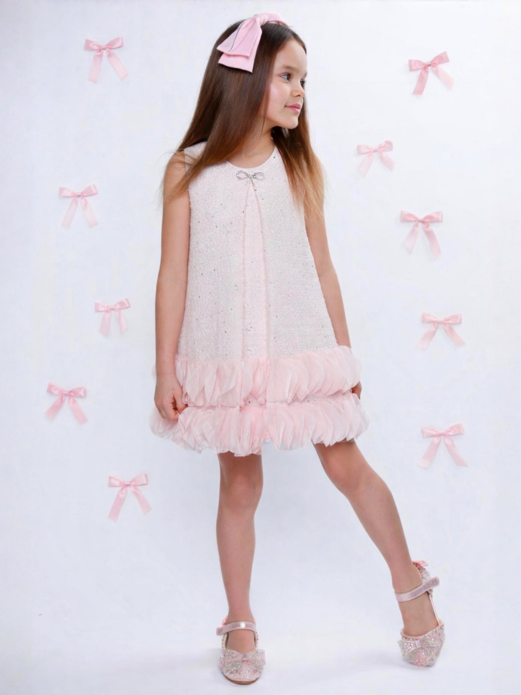 Elegant Bow Pearl Tweed Shift Dress