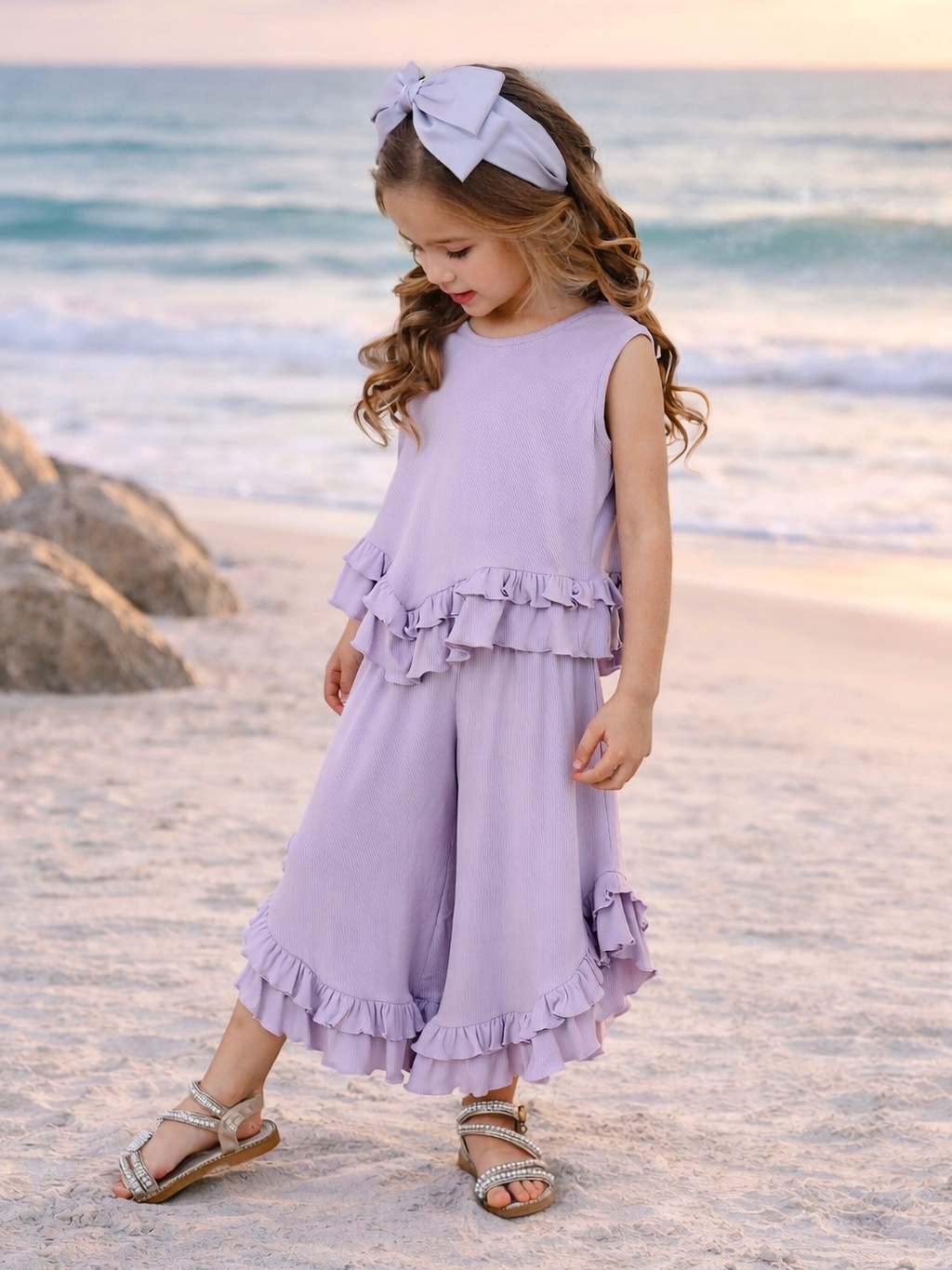 Just Being Cute Lilac Ruffle Pants Set