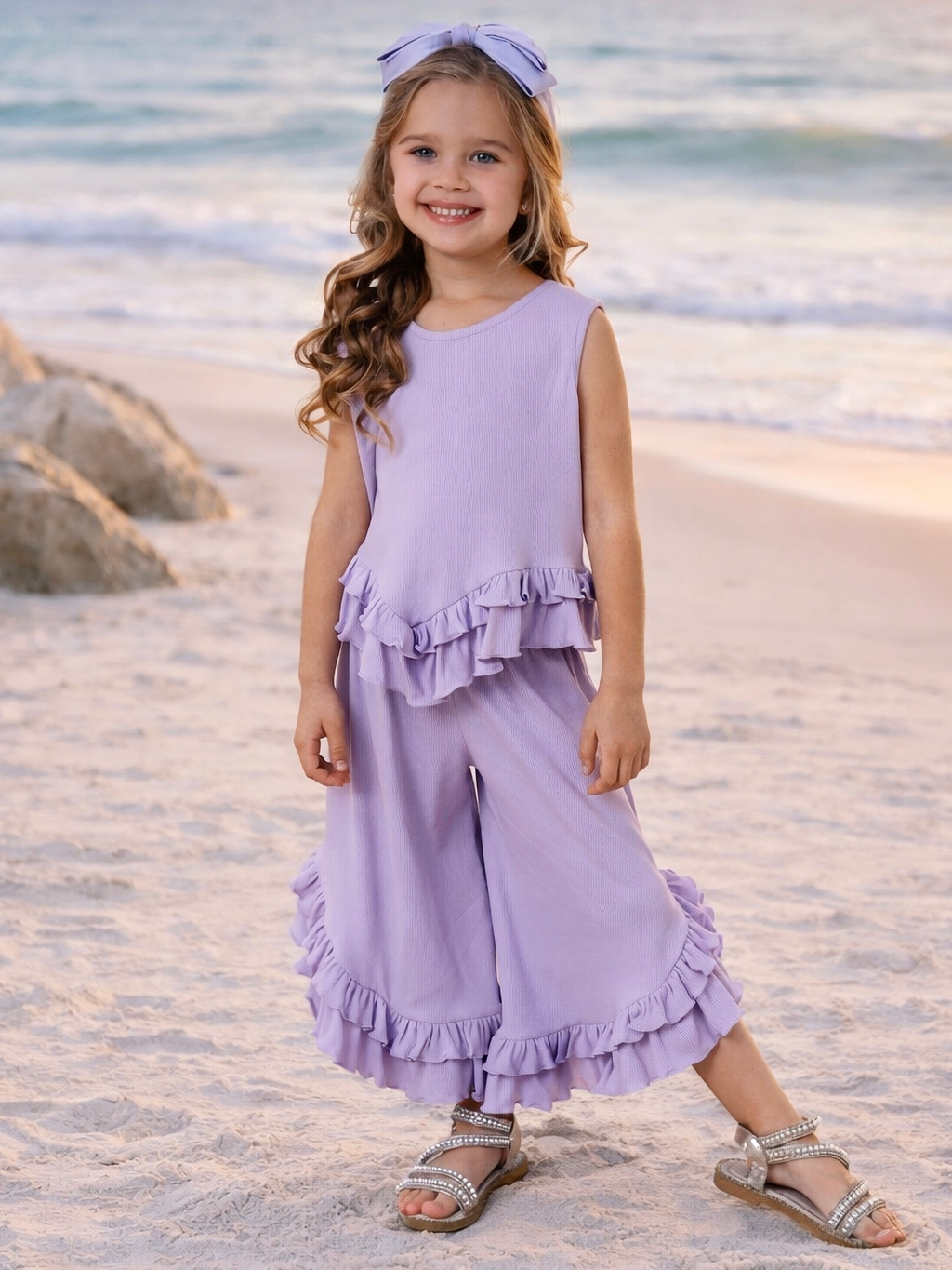 Just Being Cute Lilac Ruffle Pants Set