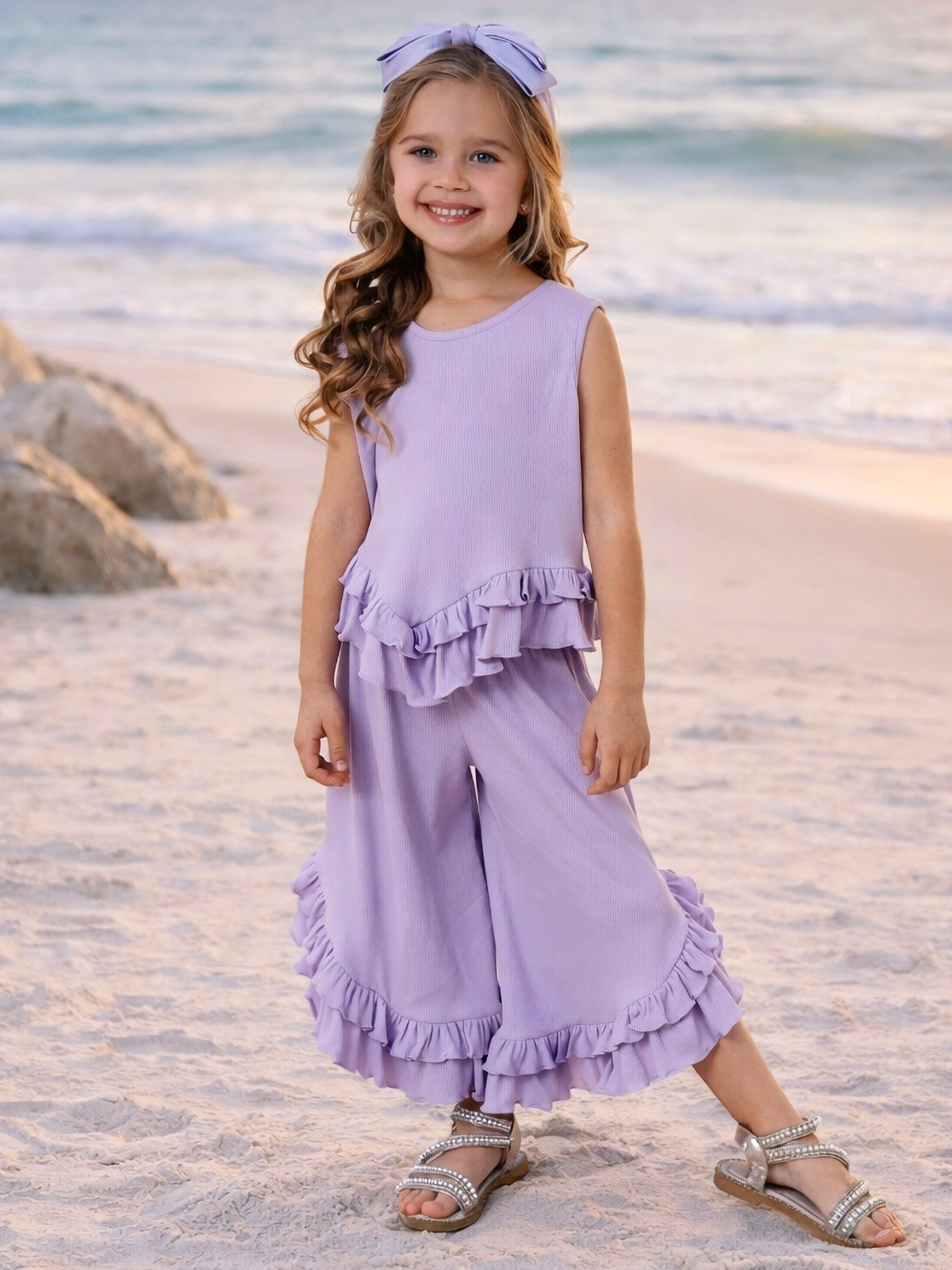 Just Being Cute Lilac Ruffle Pants Set