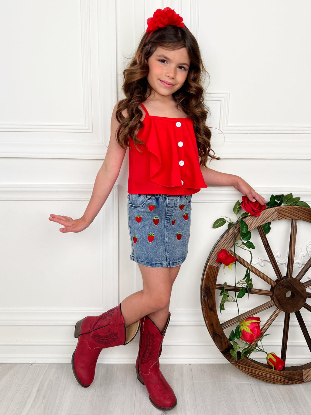 Sweet Strawberry Top and Denim Skirt Set