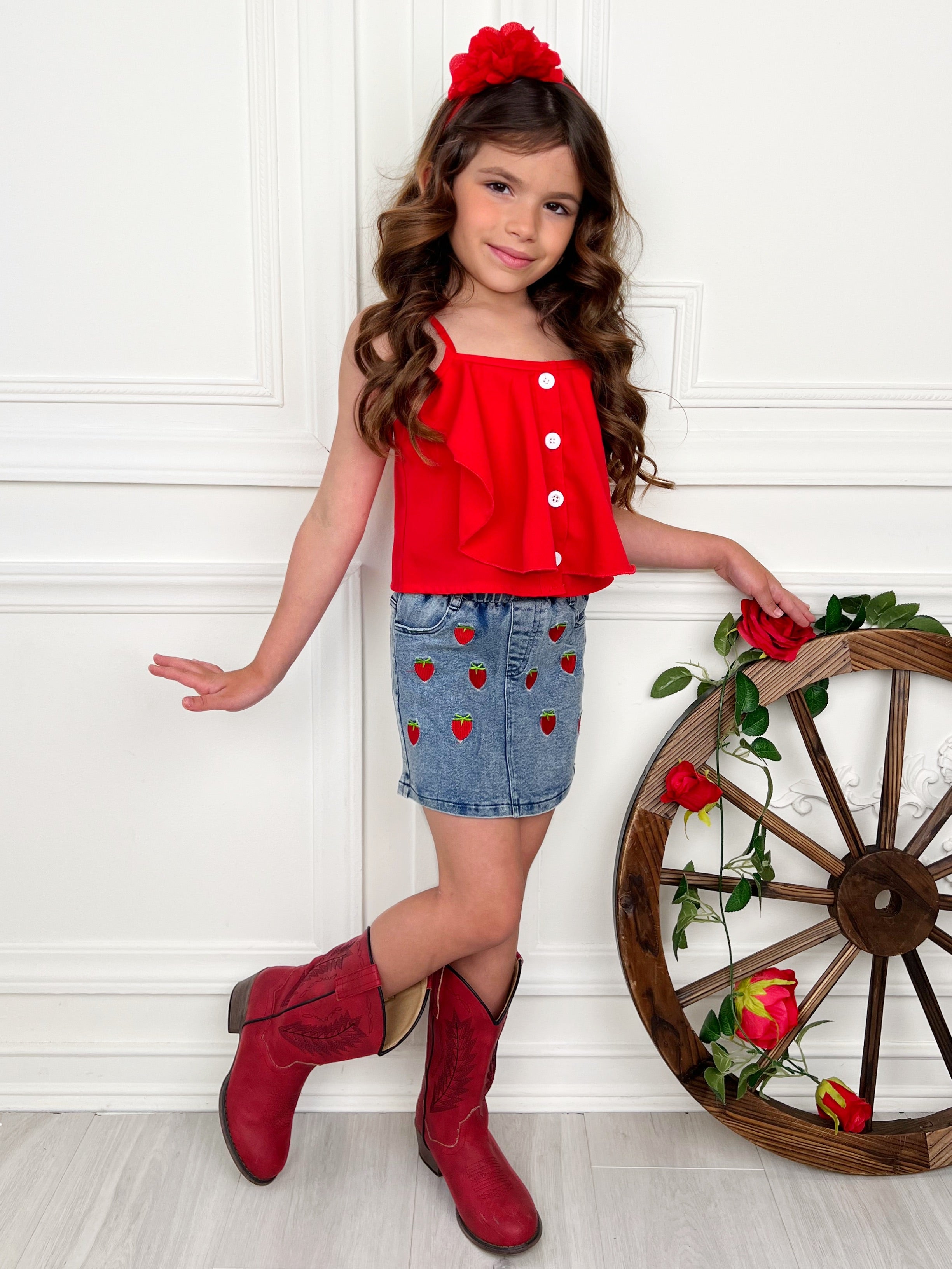 Sweet Strawberry Top and Denim Skirt Set