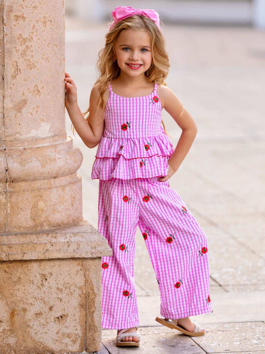 Sweet Bloom Gingham Embroidered Peplum Top and Pants Set