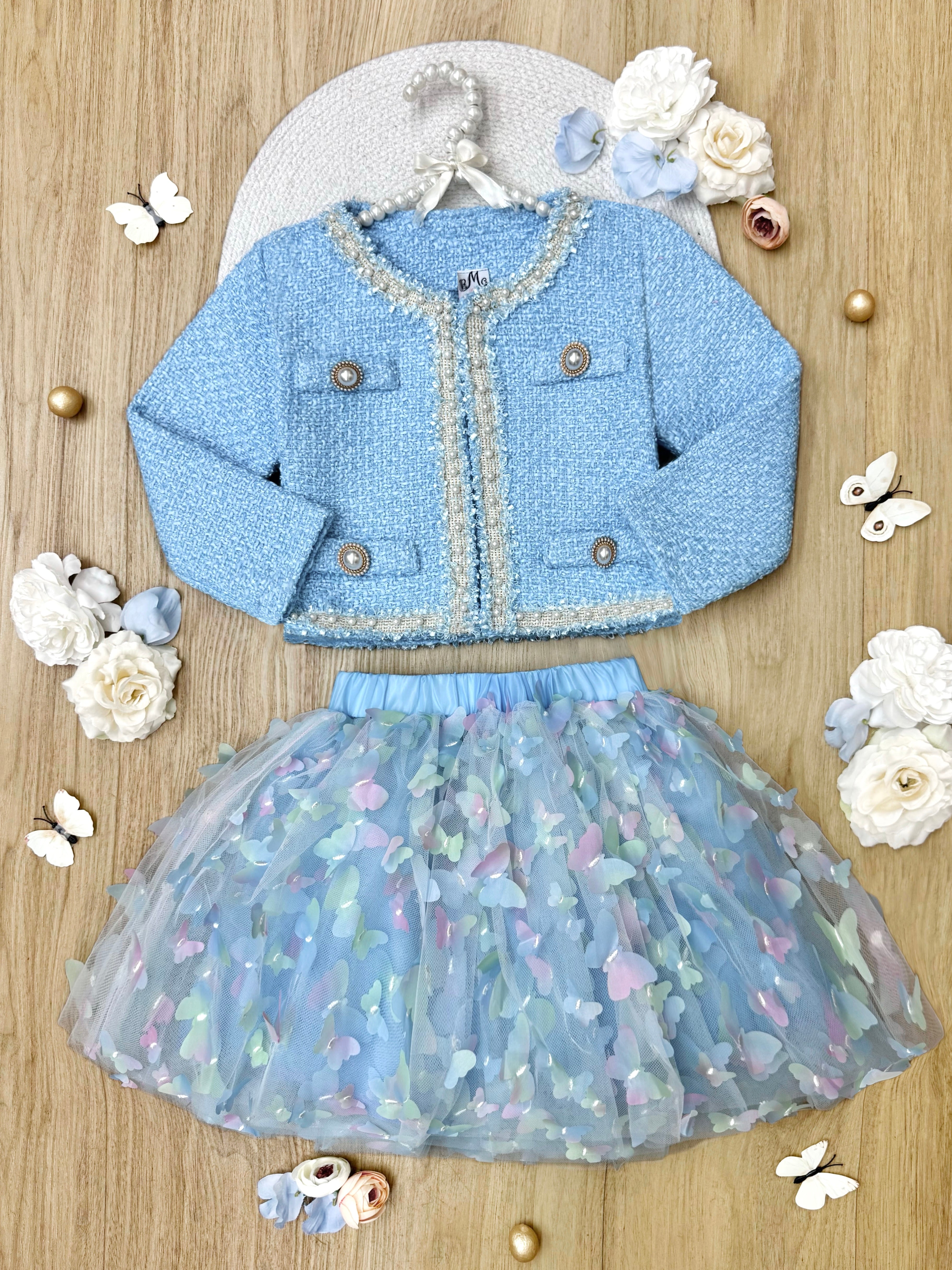 Blue Sparkle Tweed Jacket & Butterfly Tutu Skirt Set