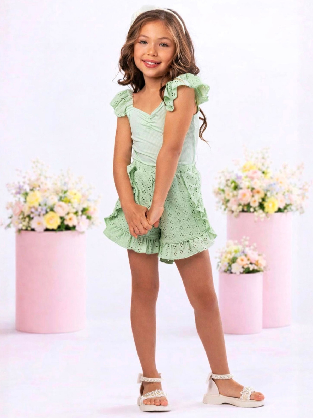 Sweet Breeze Sage Eyelet Ruffle Short Set