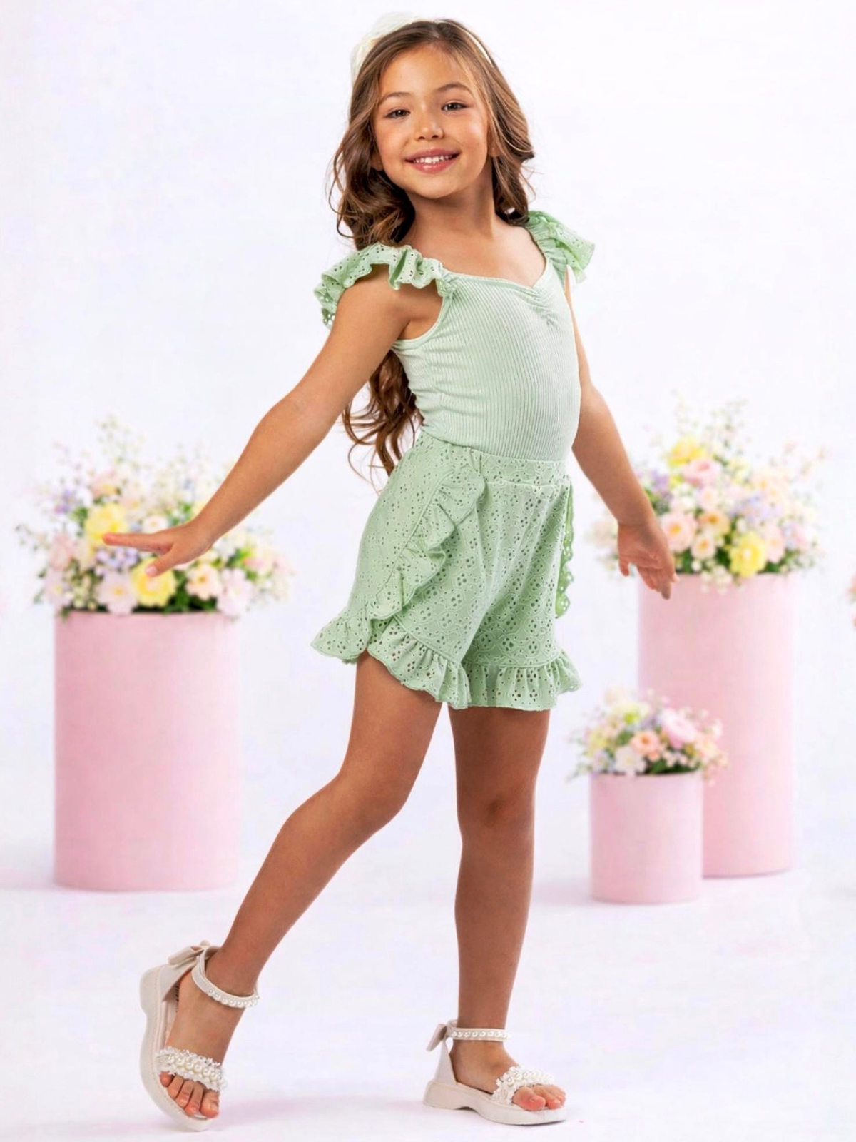 Sweet Breeze Sage Eyelet Ruffle Short Set