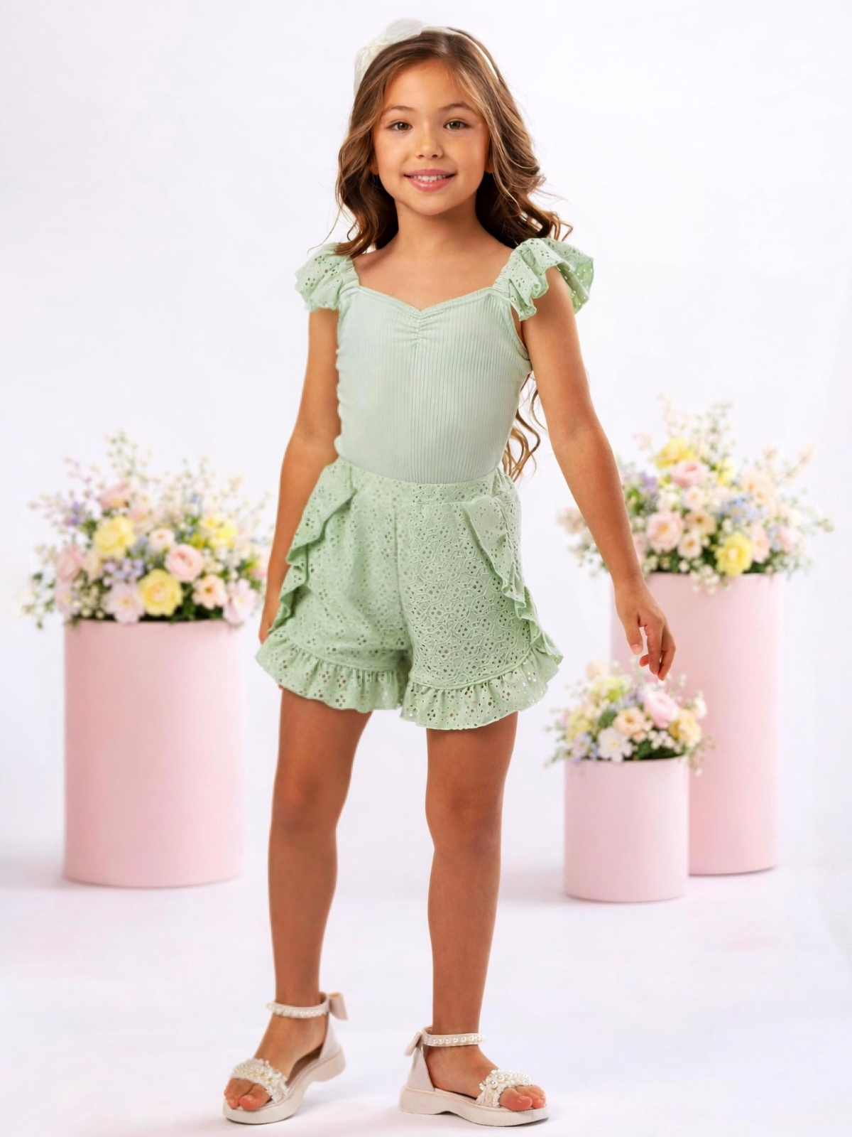 Sweet Breeze Sage Eyelet Ruffle Short Set