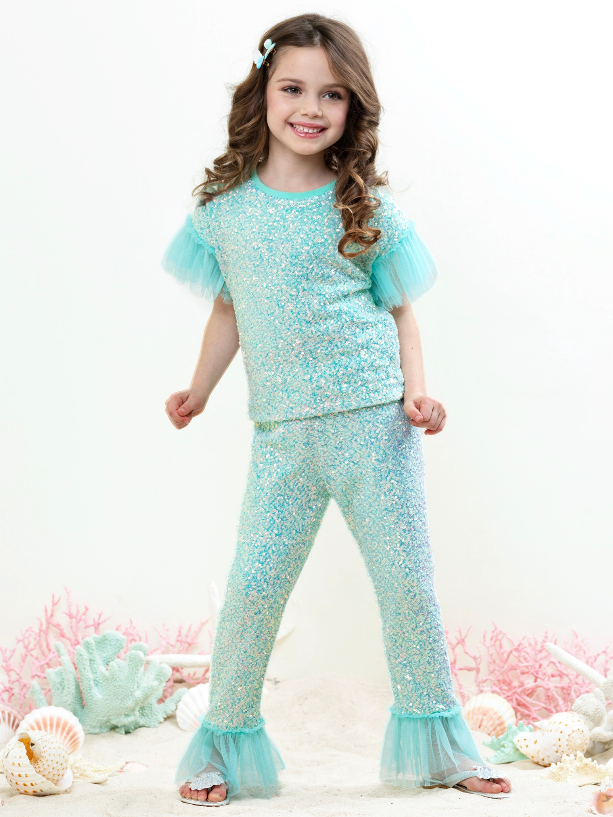 Seafoam Sparkle Top and Ruffle Pant Set