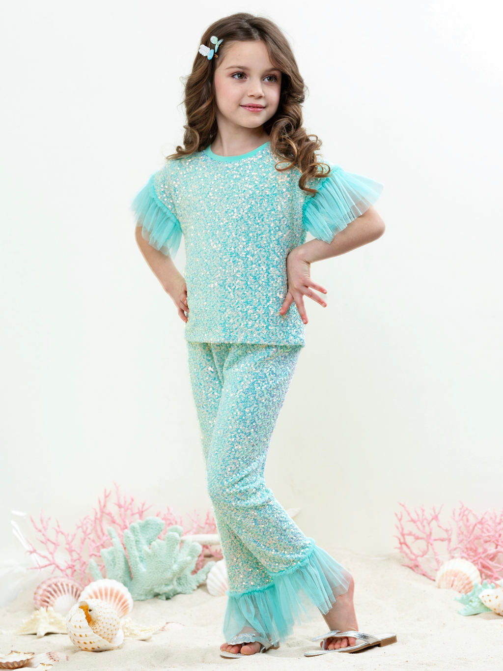 Seafoam Sparkle Top and Ruffle Pant Set