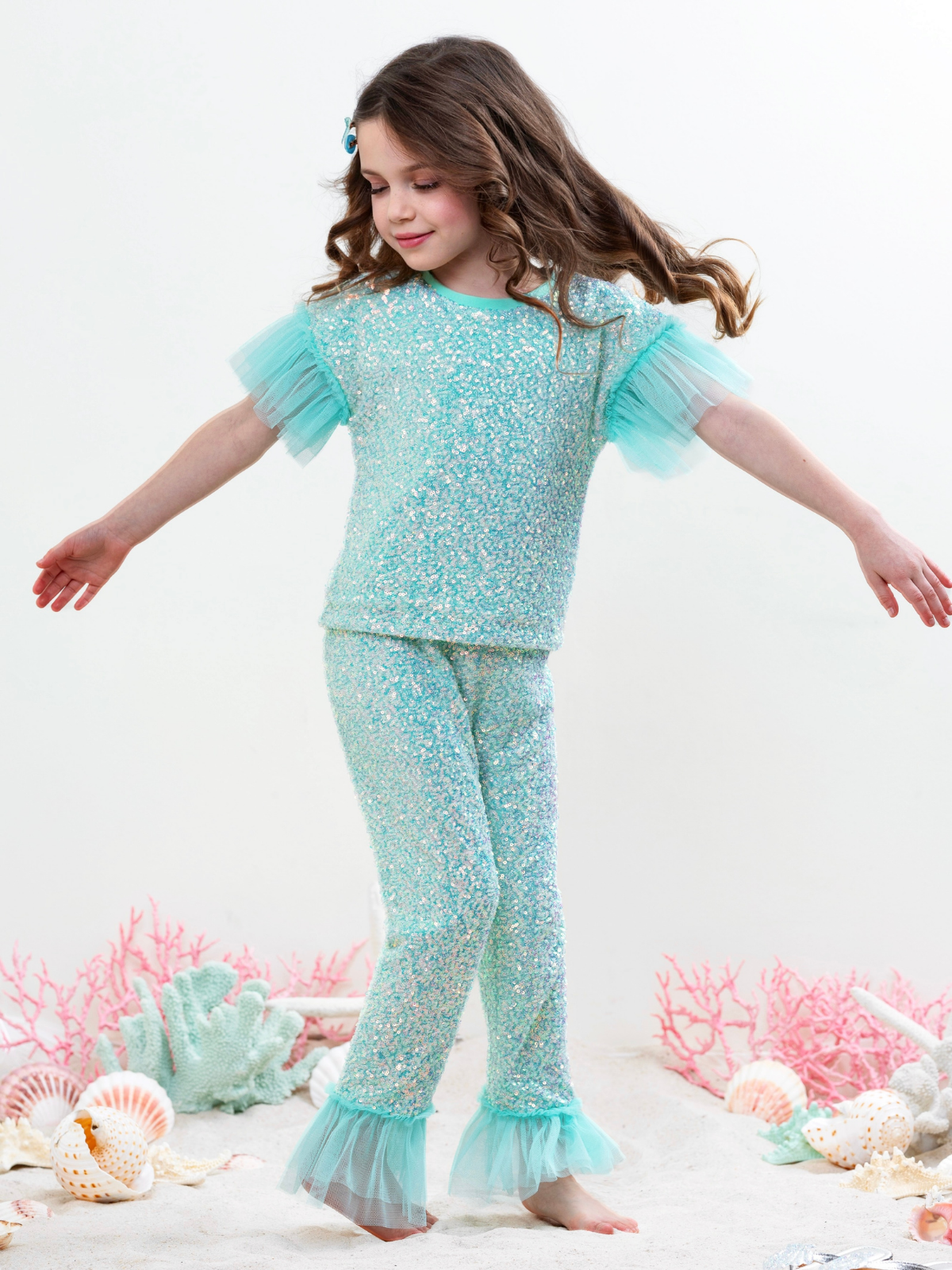 Seafoam Sparkle Top and Ruffle Pant Set