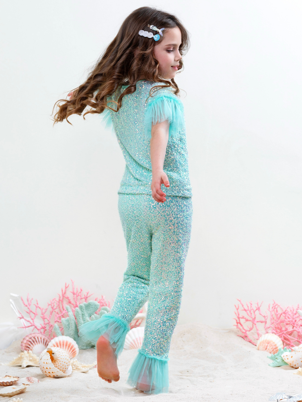 Seafoam Sparkle Top and Ruffle Pant Set