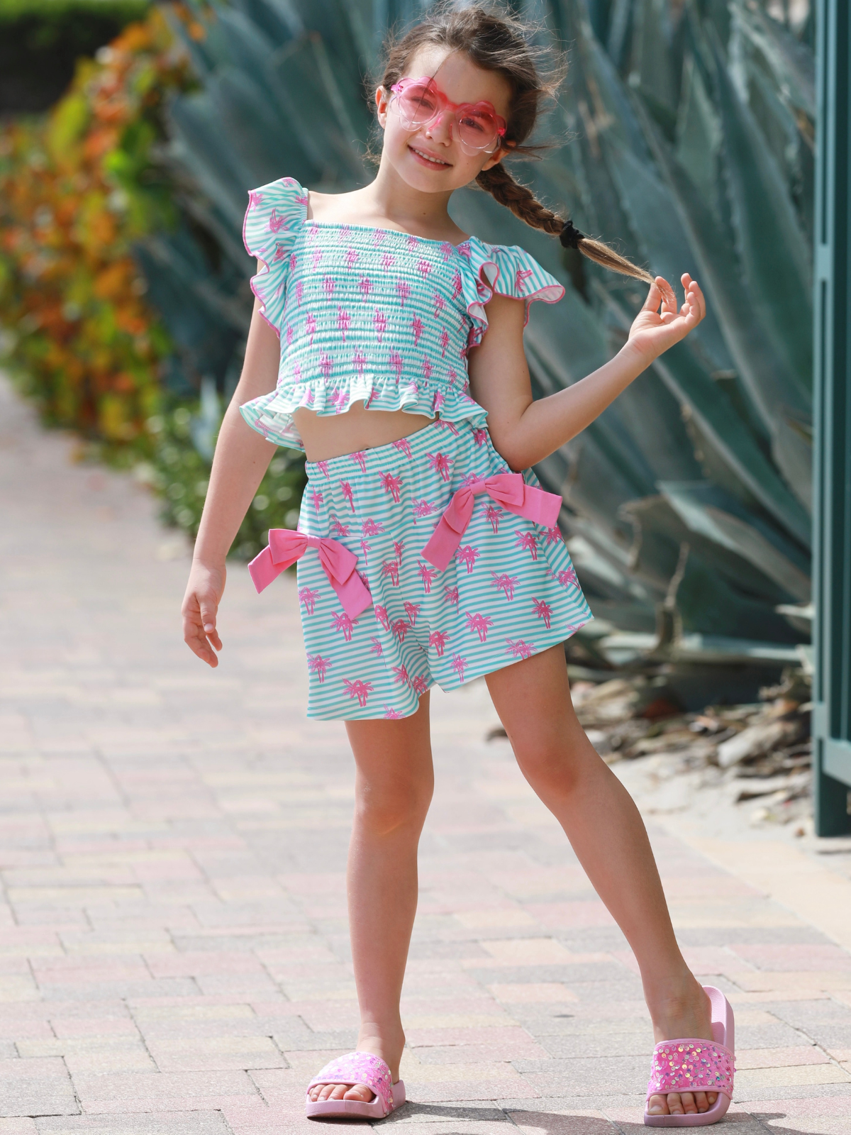 Palm Pop Smocked Ruffle Top and Bow Short Set