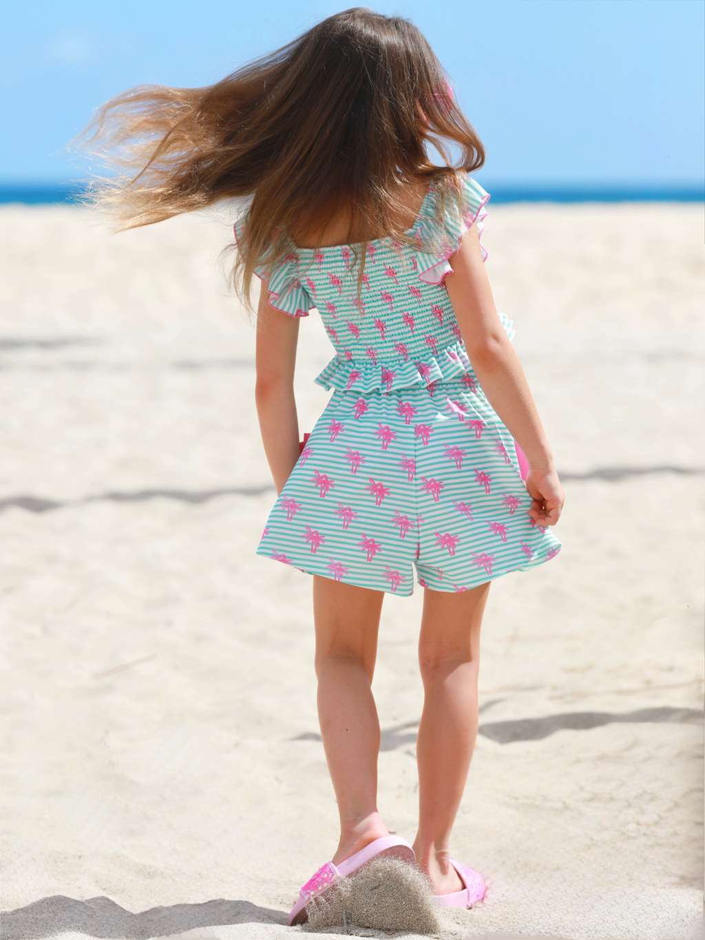 Palm Pop Smocked Ruffle Top and Bow Short Set